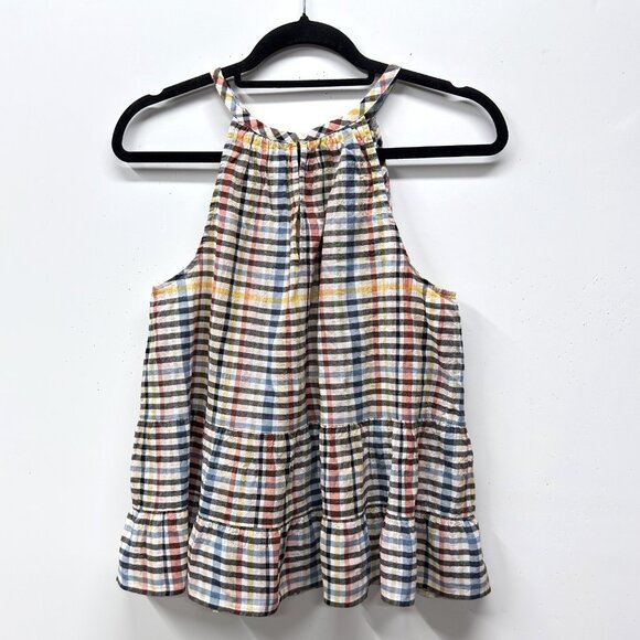 Loft Gingham Tiered Sleeveless Top, Size Small, Multicolor Seersucker Plaid - Picture 4 of 10